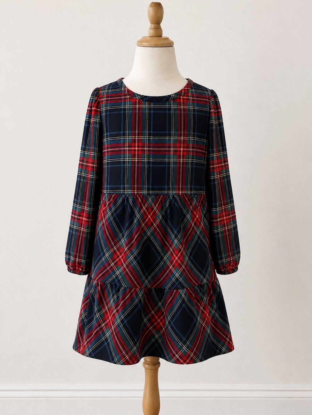 Draper James Navy and Red Plaid Tiered Long-Sleeve Dress